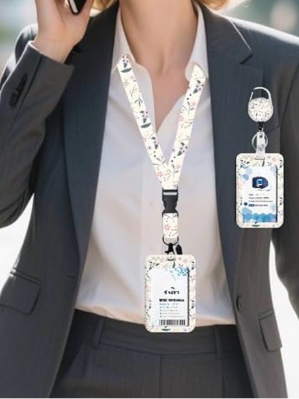 Floral White Badge Lanyard with Retractable Reel and ID Holder